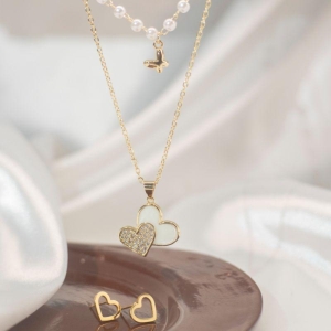 Conjunto de Pérola com coração - Aço Inox com Banho