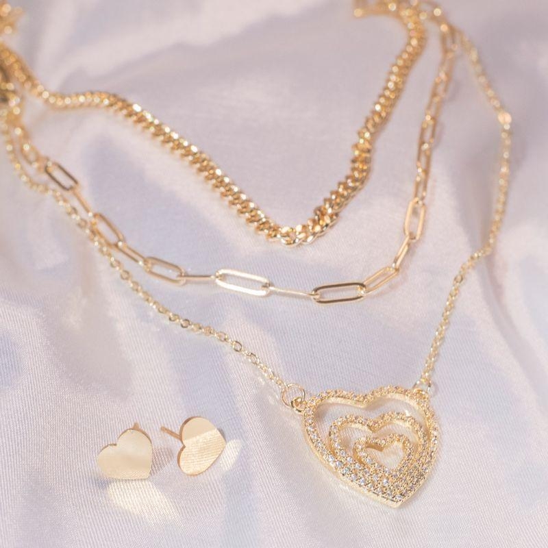 Conjunto Coração Cravejado - Aço com Banho de Ouro