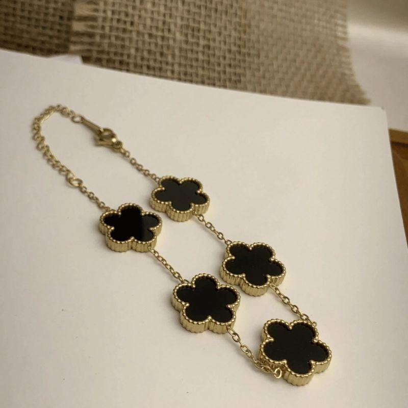 Pulseira Trevo Aço com Banho de ouro 15mm - Preto - Aço com Banho de ouro