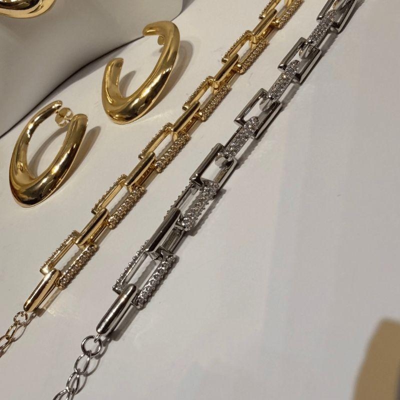 Pulseira Elos retangulares Cravejada - banho de Rodio