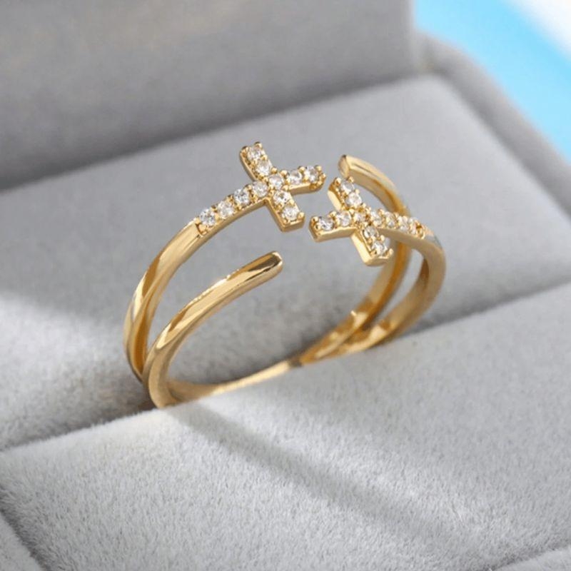 Anel Cruz Cravejada Ajustável - Aço Inox com Banho