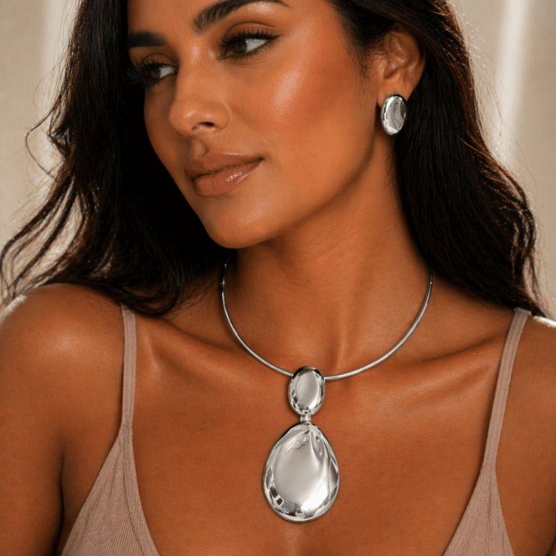 Conjunto Aro Brinco Oval Liso - Banho de Rodio