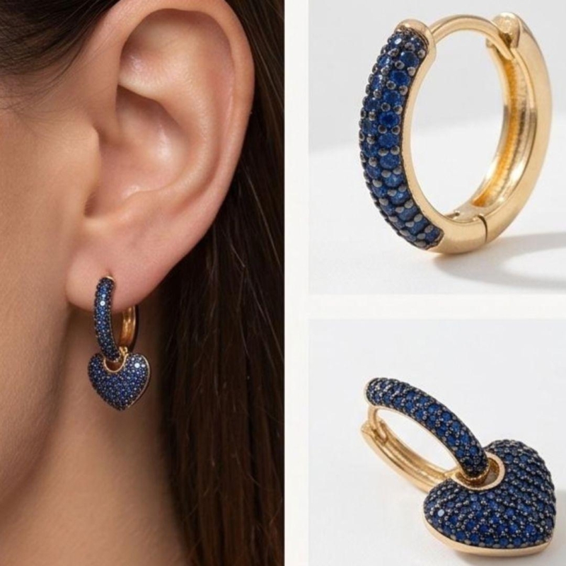 Brinco de Argola Clik pingente coração - Azul