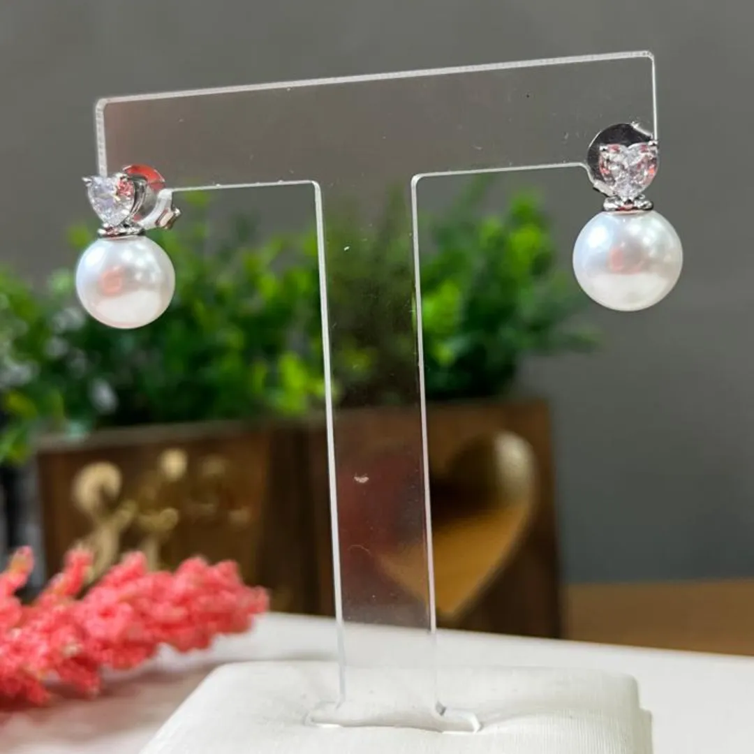 Brinco De Pérola Com Coração de  Zircônia