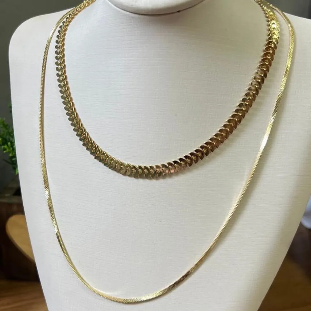 Colar Duplo - choker Folhas + fila laminada de 2mm