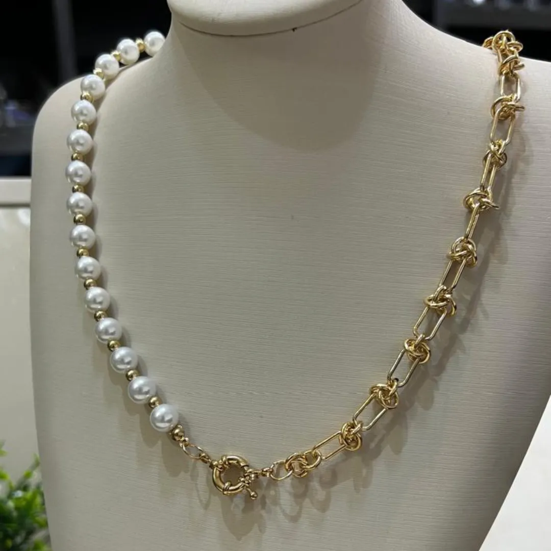 Choker pérolas e elos Cerca - Dourado