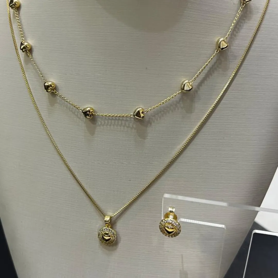 Conjunto Corrente dupla coração - Dourado