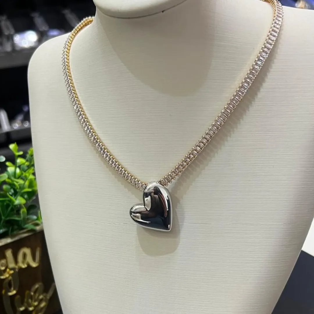 Choker Riviera com pingente de coração - Dourado com Rodio