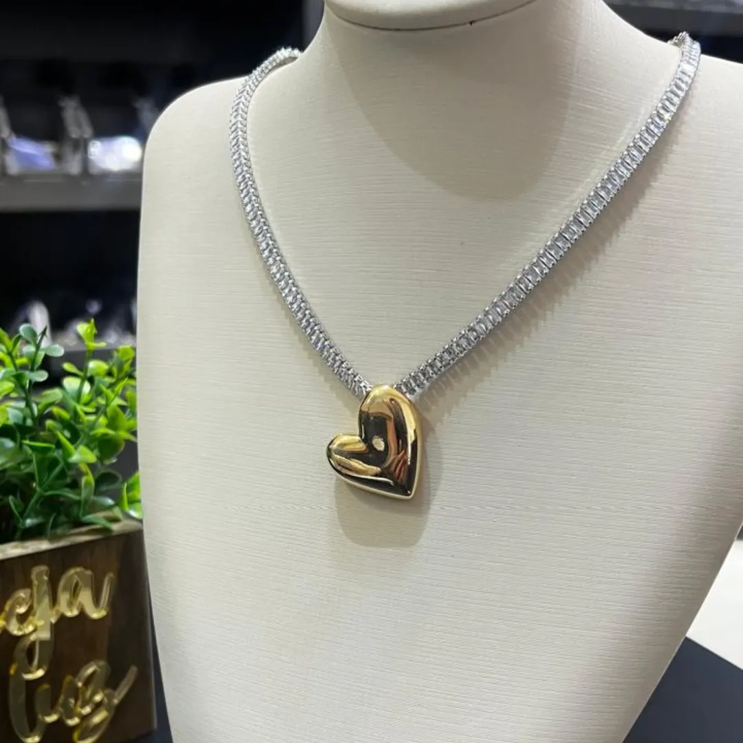 Choker Riviera com pingente de coração - Rodio com Dourado