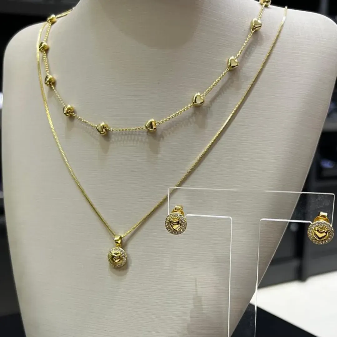 Conjunto Corrente dupla coração - Dourado