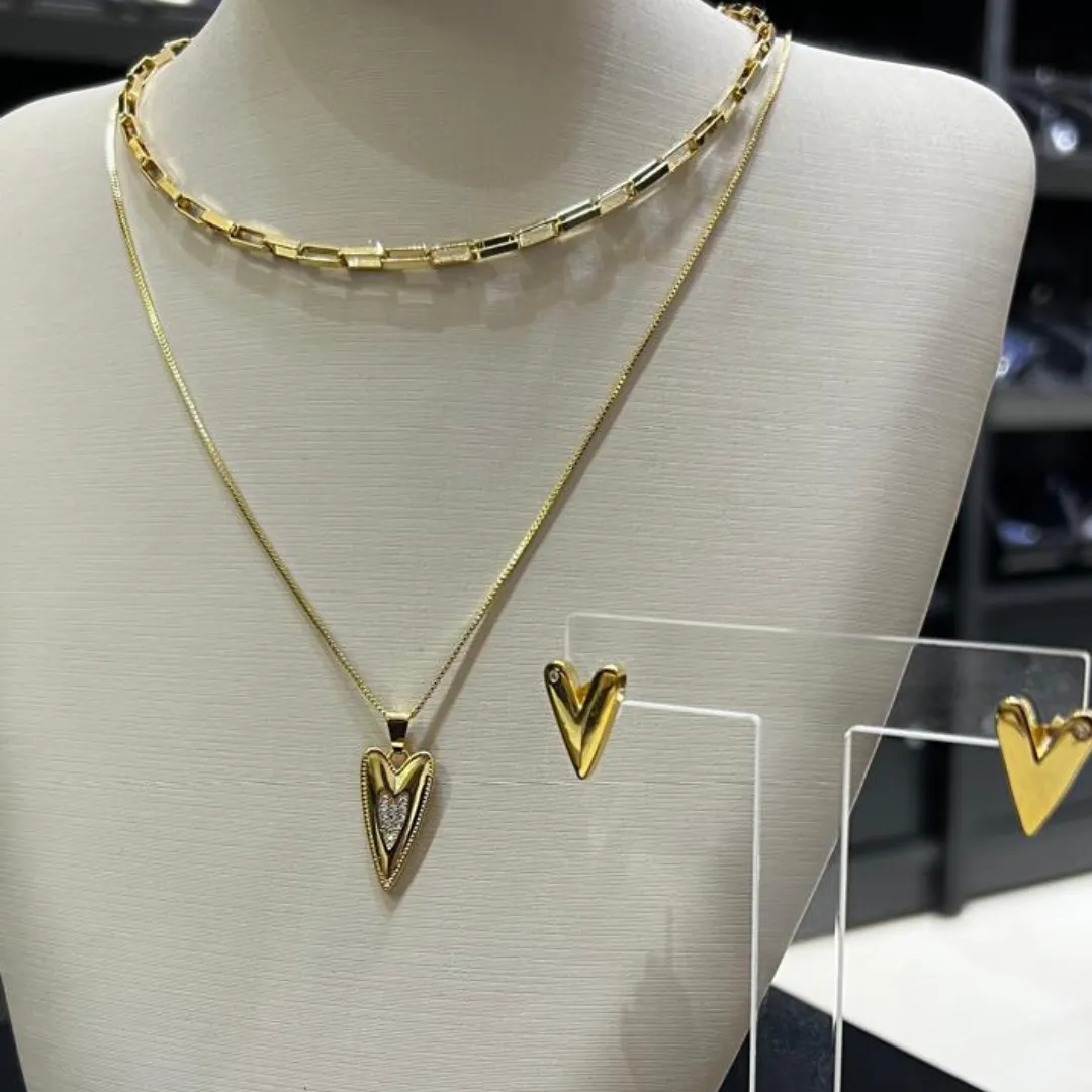 Conjunto de coração com colar duplo - Dourado