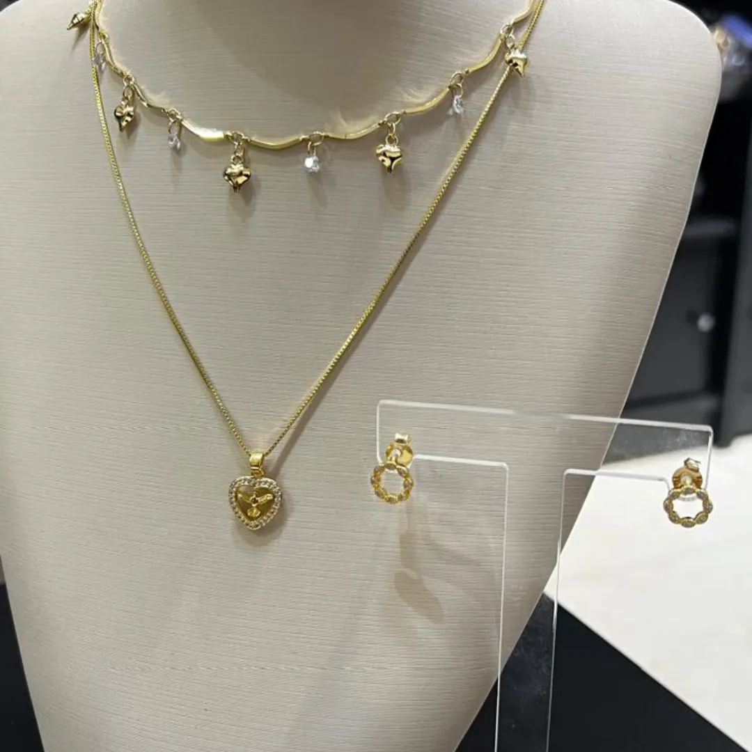 Conjunto de Espirito com colar duplo - Dourado