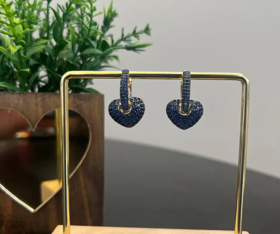 Brinco de Argola Clik pingente coração - Azul