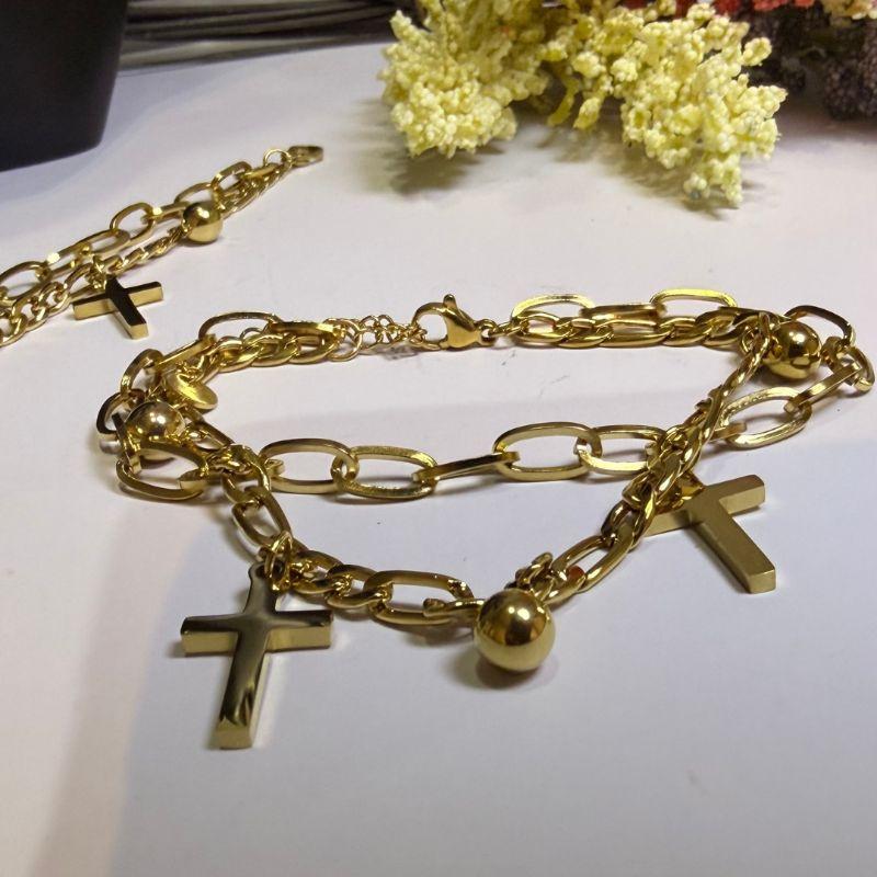 Pulseira de Dupla Elos pingente Cruz - Aço com Banho de Ouro