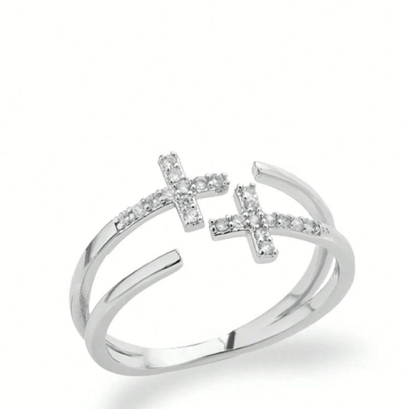Anel Cruz Cravejada Ajustável - Aço Inox