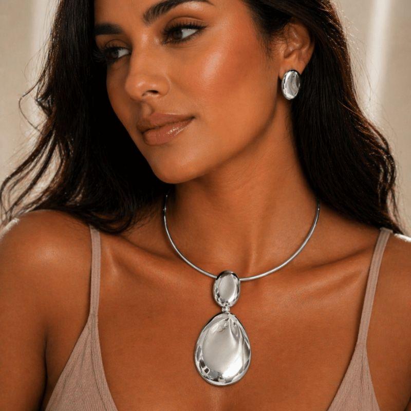 Conjunto Aro Brinco Oval Liso - Banho de Rodio