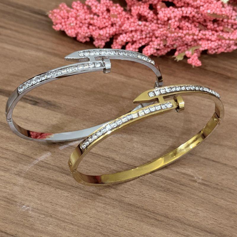 Bracelete de Prego Cravejado - Aço com Banho de Ouro