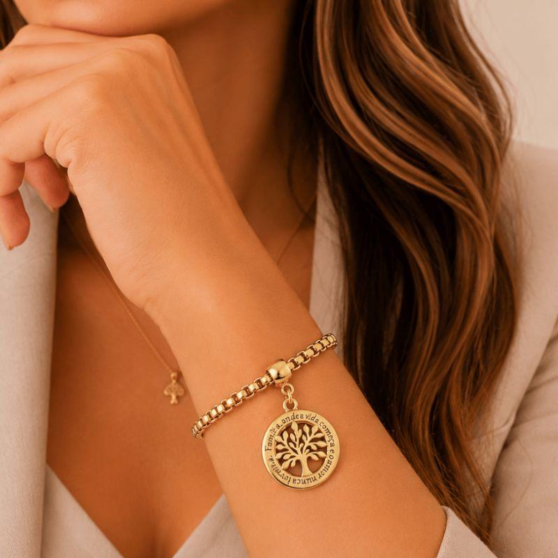 Pulseira Elo Português pingente Arvore da Vida - Banho de Ouro