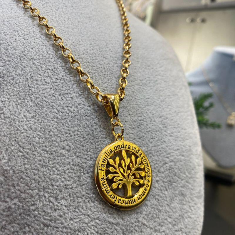Colar Elo português pingente Arvore da Vida 28mm 45cm - Banho de Ouro