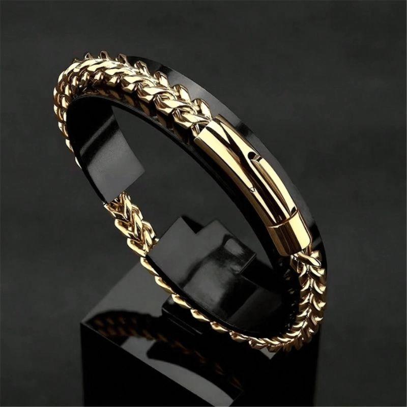 Pulseira Masculina em Elo Grumet dupla em aço inox com banho Fecho com Trava