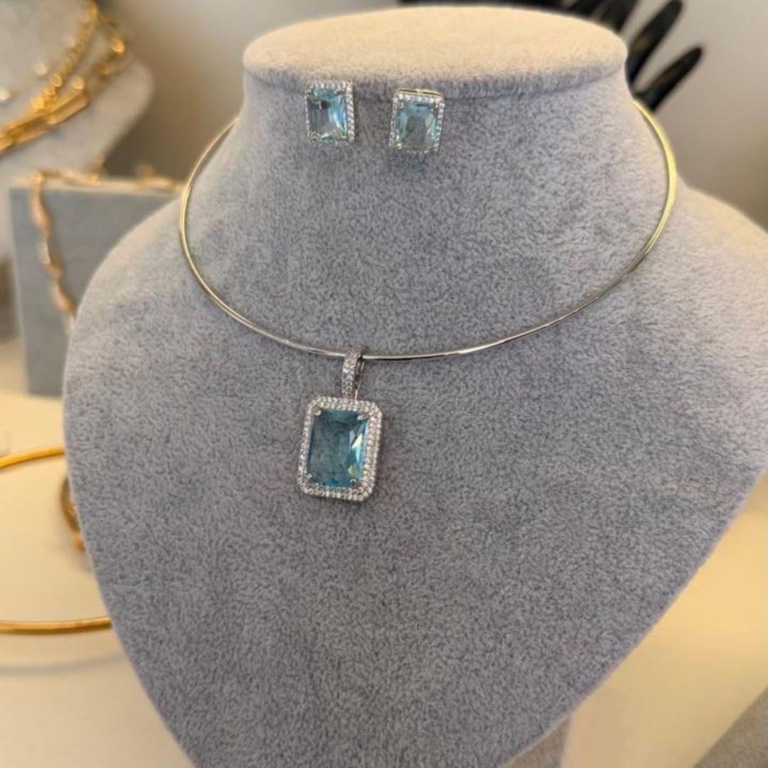 Conjunto Aro Pedra Retangular - Translucida Azul